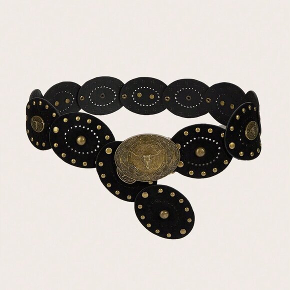 Black Boho Women's Heart Patchwork Belt - Picture 2 of 5